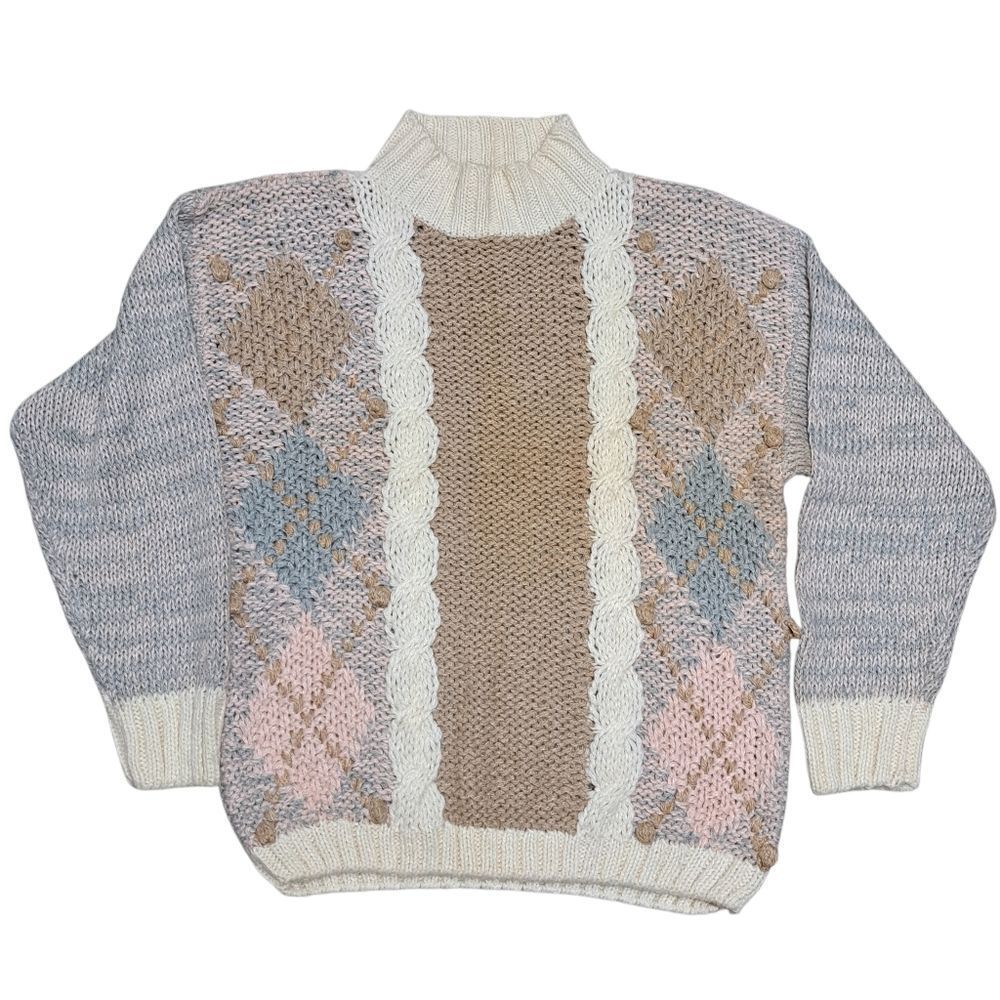 Vintage Project Hand Knit Y2K Grannycore Pastel Cable Knit Large Multi-Color